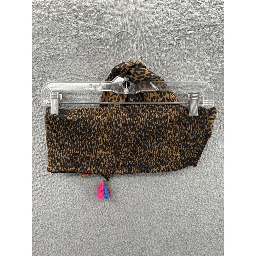 FARM Rio Tube Top Women Small Brown Leopard Print Smocked Tassels